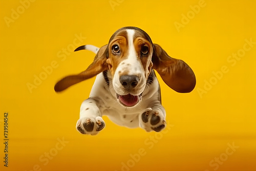 Joyful Leaping Puppy Captured Mid-Air For Delightful Banner Image Against Vibrant Yellow Background