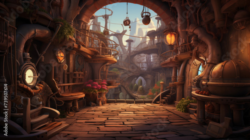 Mystical steampunk interior with cobbled floors, whimsical gadgets, and warm ambient lighting