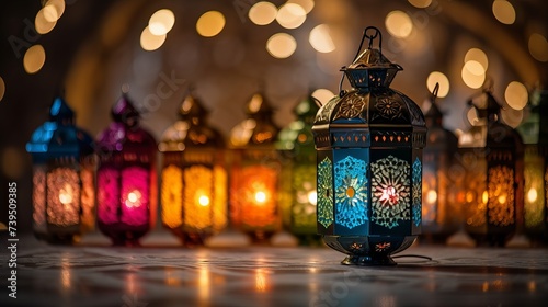 Various colorful Ramadan lamps lit up against illuminated decorative lighting background