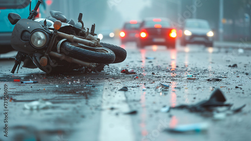 Traffic accident with motorcycle crashed laying on the street during wet weather.