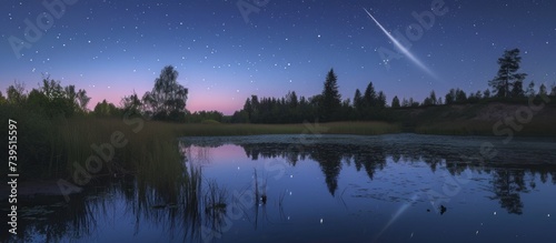 Rising Moon In Night Starry Sky Reflected In Small Lake Waters