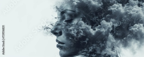 Woman's face with smoke around her head on white background