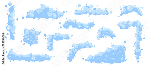 Soap foam cartoon elements. Clouds bubbles of shampoo or wash gel. Different shapes of bath foams, cleaning or washing. Isolated snugly vector clipart