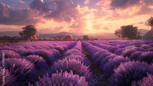 Lavender farm at sunset, purple hues, peaceful, aromatic