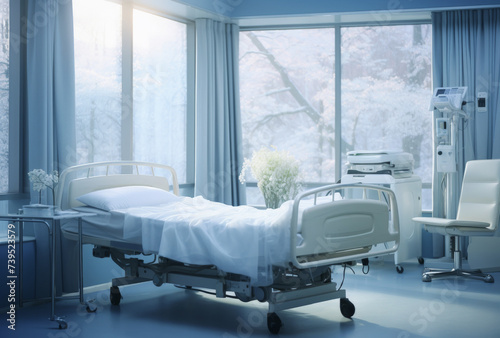 habitación de hospital con cama, silla, aparatos médicos, mesa, planta y grandes ventanales con vistas a un bosque nevado al atardecer
