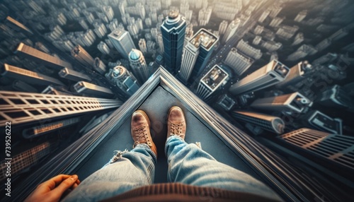 Feet on the edge of a tall building, capturing the fear of heights and vertigo.