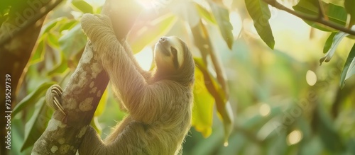 Cute sloth hanging on tree branch