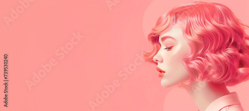 Very bright colorful girl with bright pink makeup with pink hair on a pink background. Beauty and youth industry. Decorative cosmetics, haircuts and hairstyles.