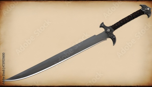 Fantasy dungeons and dragons heavy steel falchion blade, pointed guard, wood handle, parchment background 