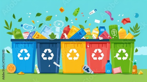 Waste sorting, Sorting waste for recycling, garbage sorting, recycling bins. Different types of garbage: paper, plastics, scrap metal, glass, organic, e-waste. Modern flat vector illustration.