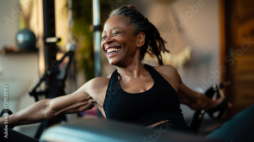 Professional Portrait of an active black African American mature woman smiling and doing fitness pilates and strength resistance training at her home gym. Candid senior female exercising at home