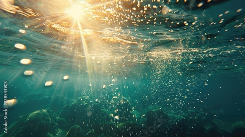 Sunlight underwater with bubbles rising to water surface in the sea
