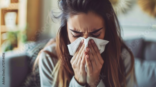 Tissue, nose and sick woman sneezing in living room with allergy, cold or flu in her home. Hay fever, sinusitis and female with viral infection, risk or health crisis in lounge with congestion