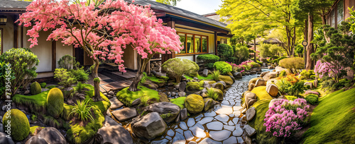 Japanese Tea House with pink flowers. Japanese garden with cherry blossoms, sakura and Japanese house