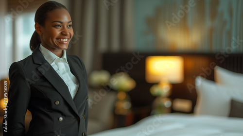 Hotel and hospitality service personnel inside a guest room. 