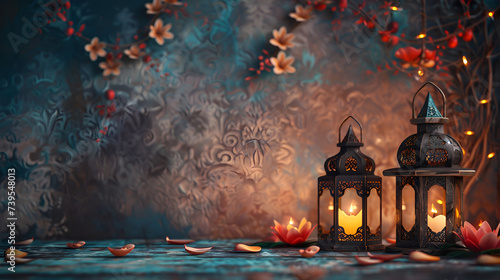 Ramadan card, lantern on dark background with space for text