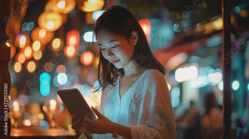 Young Asian woman using digital tablet connecting. Female holding tablet in hand while works on internet,