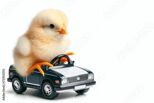 Chicken driving a car on a white background. Space for text.