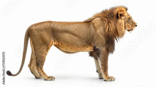 Side view of a Lion standing, Panthera Leo, 10 years old, isolated on white