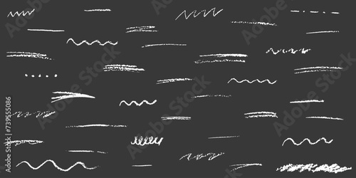 White charcoal crayon underlines set. Doodle lines with grunge pastel texture. Hand drawn chalk scribbles. Vector elements isolated on a black background