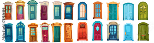 A colorful array of cartoon doors, from fairy-tale to modern designs, ideal for creative storytelling and decor.
