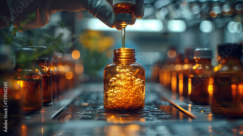 Pouring liquid into an amber glass bottle of pills