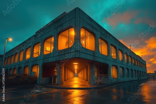 a building is dark with metal signage on the face, in the style of concept art, cinematic composition, adventurecore, folded planes, forestpunk, highly detailed, aetherclockpunk