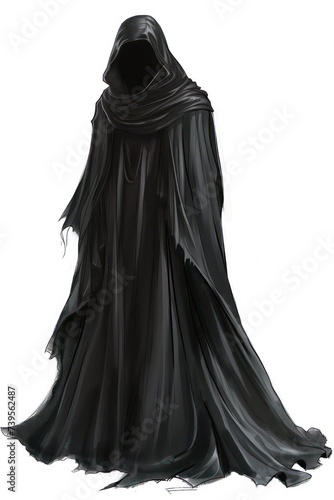 a mysterious black hooded figure with a hidden face in fine black robes hand drawn fantasy art with white background fantasy historic character full art