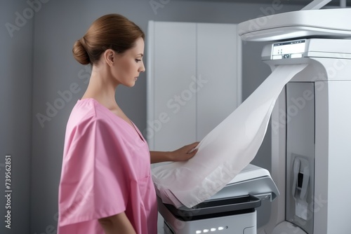 Medical staff attentively operates a mammogram machine in a clinic. Healthcare Professional Operating Mammography Machine