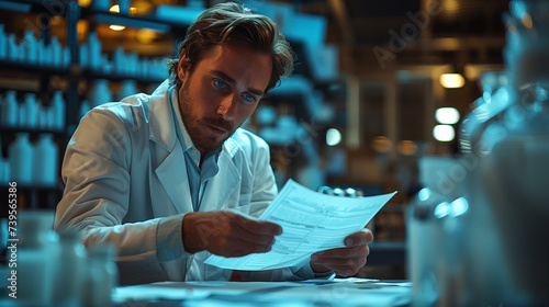 A man in a lab coat examines a document in a laboratory