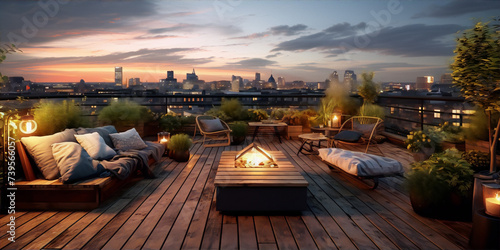 A modern city rooftop terrace at sunset with a wooden deck, comfortable seating, fire pit and lots of plants.