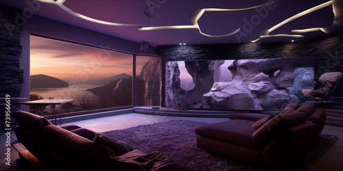 Futuristic living room interior with amazing mountain lake view, purple and grey colors, soft lighting and comfortable furniture