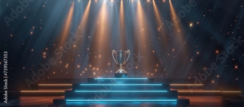 Winner award win champion gold trophy on podium with lighting background. AI generated image