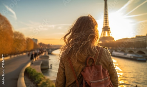 Sunset in Paris: Backlit by the Mesmerizing Evening Sun, a Happy Tourist Woman Enjoys an Urban Adventure, Silhouetted Against the Splendid Cityscape of Paris