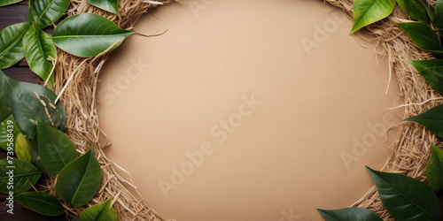 Still life of a straw wreath with green leaves on a brown wooden background.