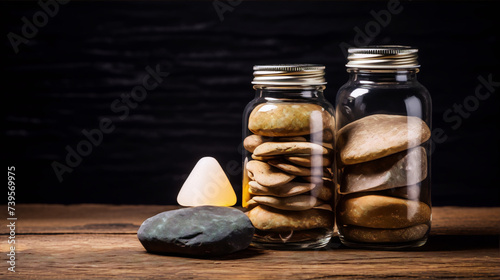 Still life of two glass jars filled with pebbles and a smooth stone in front on a wooden table with a dark background.