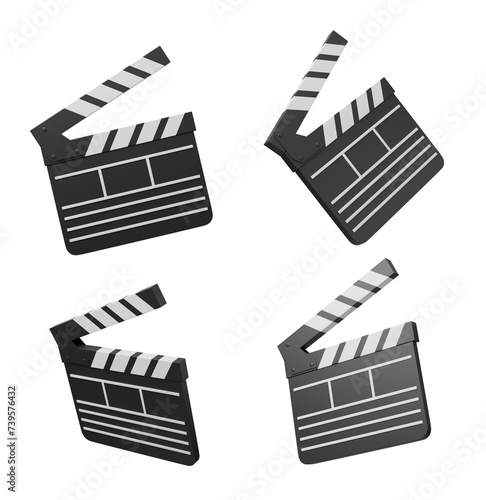 Four cartoon clapperboards with different orientations on a striped background. 3d rendering