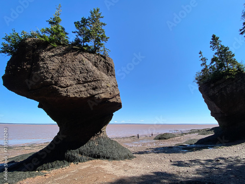 Hopewell Rocks Provincial Park in New Brunswick, Canada. Also called Flowerpots Rocks or simply the Rocks, are rock formations or sea stacks caused by tidal erosion.