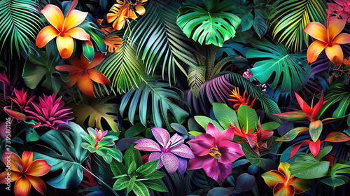 Tropical background from exotic plants, flowers, foliage