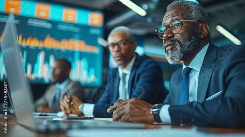 Group of diverse professionals gathered around a conference table, engaged in a heated discussion about stock market volatility and investment strategies