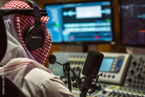 Close-Up of Saudi Arabian Gulf Radio Reporter in Studio, Delivering News with Authority