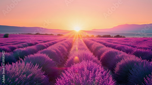 Lavender fields sunrise, travel background, copy space