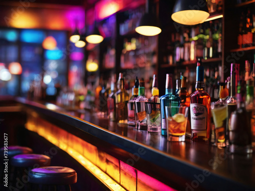 Theke mit unterschiedlichsten Getränken in einer Bar. Nachtleben, Party, Alkohol.