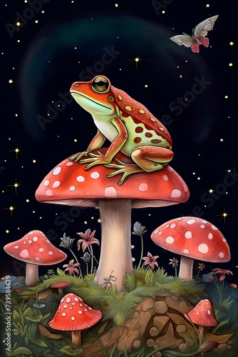 a painting of a frog sitting on a mushroom, a storybook illustration, by Jeka Kemp, fantasy art, stars glittering in background, jeffrey epstein, highly relaxed, night day time, the star tarot card n