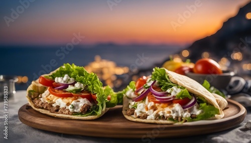 Loaded Greek Gyro, packed with fresh veggies and tzatziki, with the blur of the Aegean Sea 