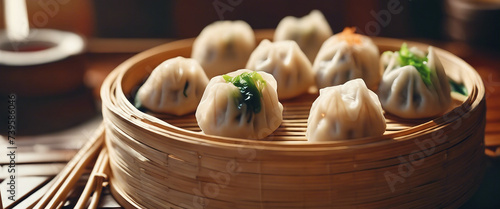 Steaming dim sum basket filled with assorted dumplings, set on a traditional bamboo mat with soft 