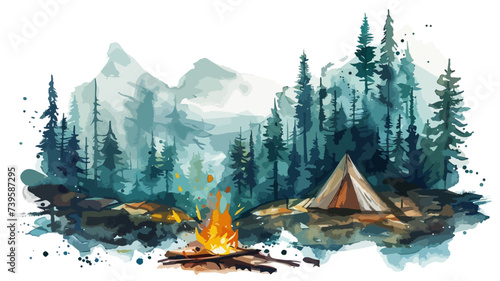 Zelten Camping Landschaft Lagerfeuer Wald Outdoor Wildlife Wasserfarben Vektor