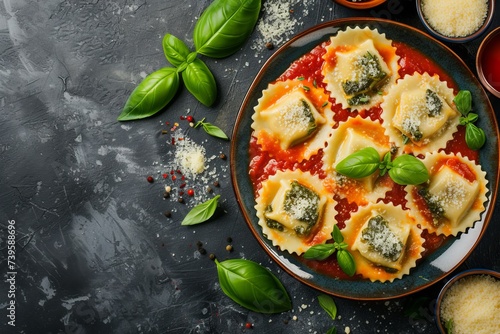 Italian ravioli with spinach and ricotta served with tomato sauce cheese and basil