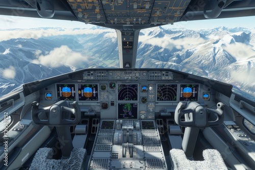 Pilots operate a modern passenger aircraft amidst a mountainous landscape with a view of the blue cloudy sky from the cockpit