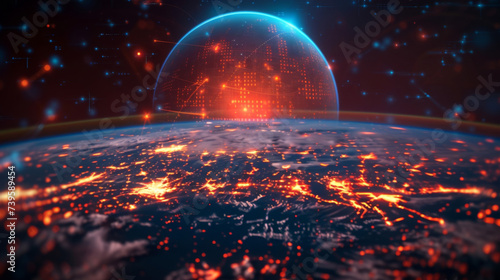 A 3D holographic earth with interconnected circuits running around it representing the global and interconnected nature of digital currency. In the background a cityscape